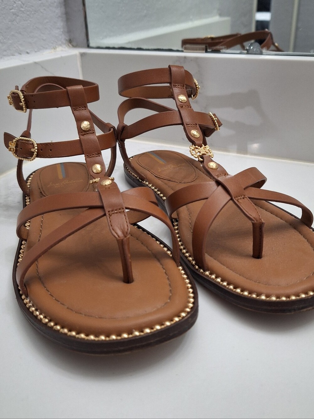 Sam Edelman Talya Gladiator Sandals Rich Cognac Gold Medallion Size 8M - Picture 3 of 9